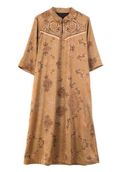 Chinese Style Khaki Stand Collar Chinese Button Print Silk Dresses Half Sleeve