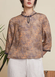 Chinese Style Khaki Stand Collar Print Linen Tops Half Sleeve