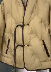 Chinese Style Khaki V Neck Patchwork Fine Cotton Filled Coats Winter