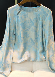 Chinese Style Light Blue O Neck Jacquard Silk Top Spring