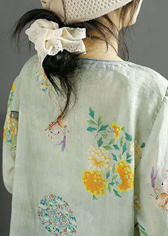 Chinese Style Light Blue Print Asymmetrical Patchwork Linen Tops Summer