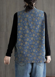 Chinese Style Light Blue Print Button Denim Coats Sleeveless