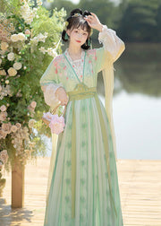 Chinese Style Light Green Embroidered Tops And Pleated Skirt ChiffonTwo Pieces Set Fall