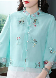 Chinese Style Light Green Stand Collar Embroidered Chiffon Shirts Bracelet Sleeve