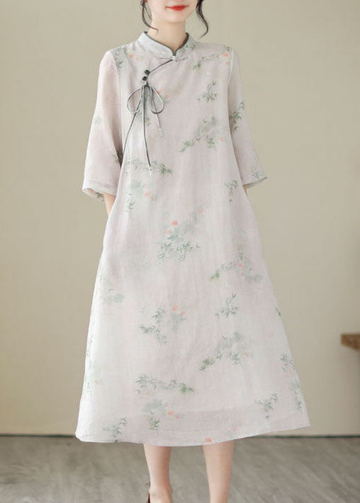 Chinese Style Light Pink Tasseled Print Patchwork Linen Dresses Summer