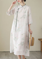 Chinese Style Light Pink Tasseled Print Patchwork Linen Dresses Summer