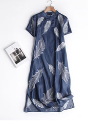 Chinese Style Little Blue Print Side Open Silk Cotton Long Dress Short Sleeve