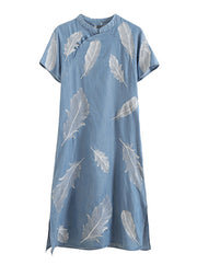 Chinese Style Little Blue Print Side Open Silk Cotton Long Dress Short Sleeve
