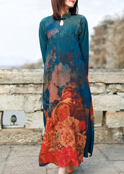 Stehkragen im chinesischen Stil, seitlich offen, Kleider mit Blumendruck, lange Ärmel