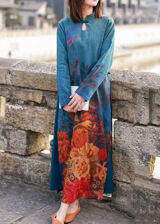Chinese Style Mandarin Collar side open Floral print Dresses Long Sleeve