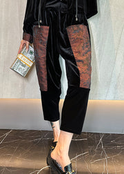Chinese Style Mulberry Elastic Waist Patchwork Velour Straight Crop Pants Spring