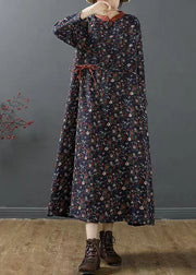 Chinese Style Navy Stand Collar Print Cotton Long Dress Fall