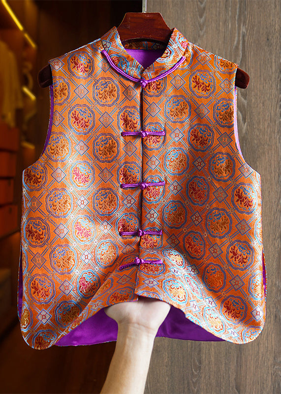 Chinese Style Orange Embroidered Button Patchwork Silk Waistcoat Fall