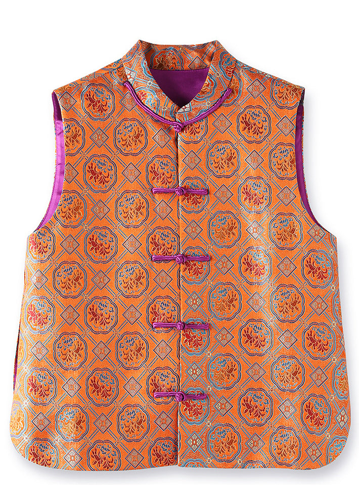 Chinese Style Orange Embroidered Button Patchwork Silk Waistcoat Fall