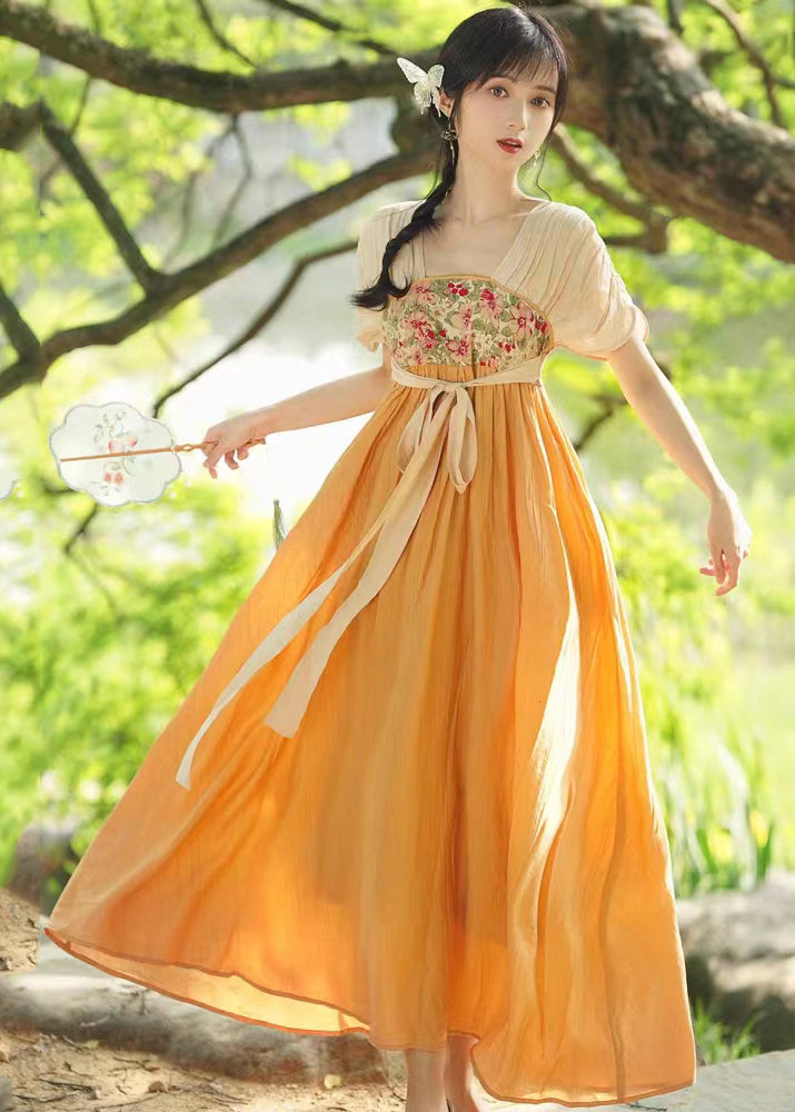 Chinese Style Orange Embroidered Tie Waist Patchwork Chiffon Long Dresses Summer