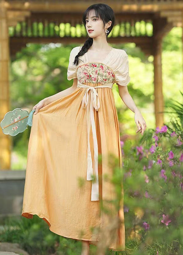 Chinese Style Orange Embroidered Tie Waist Patchwork Chiffon Long Dresses Summer