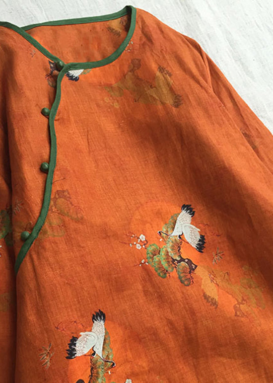 Chinese Style Orange O-Neck Print Fine Cotton Filled Dress Winter