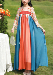 Chinese Style Orange Print Lace Up Patchwork Exra Large Hem Dress Summer