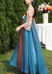Chinese Style Orange Print Lace Up Patchwork Exra Large Hem Dress Summer