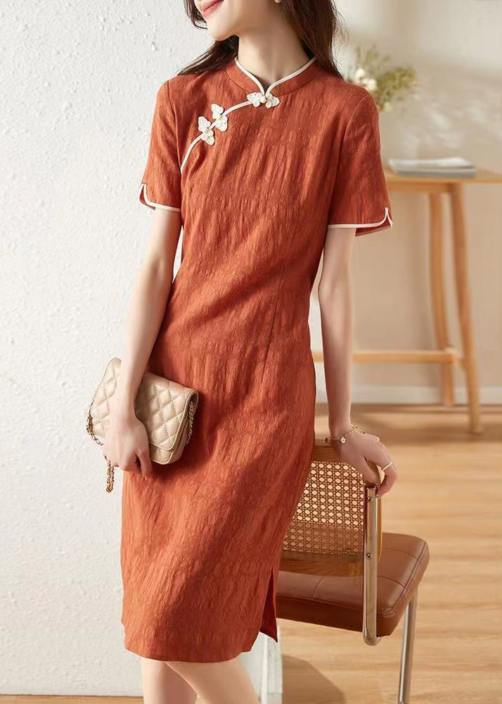 Chinese Style Orange Stand Collar Patchwork Cotton Dresses Summer