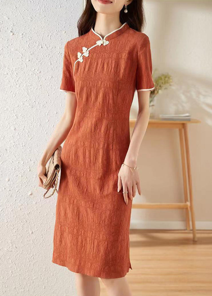 Chinese Style Orange Stand Collar Patchwork Cotton Dresses Summer
