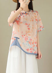 Chinese Style Orange Stand Collar Print Button Linen Shirts Short Sleeve