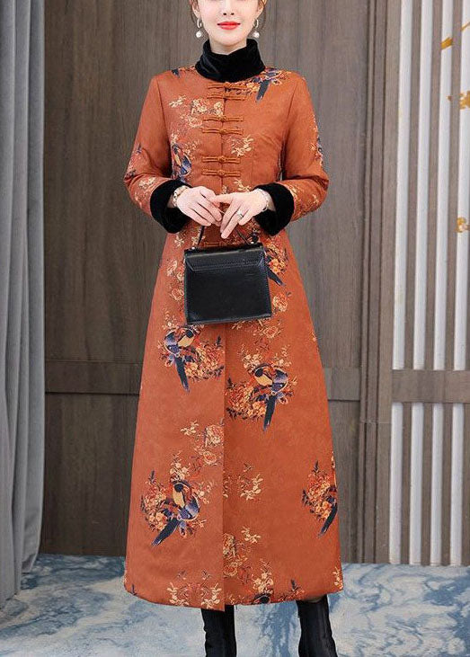 Chinese Style Orange Stand Collar Print Fine Cotton Filled Coats Winter