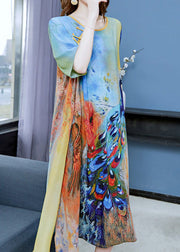 Chinese Style Peacock Blue O Neck Patchwork Chiffon Dress Summer