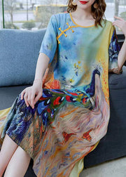 Chinese Style Peacock Blue O Neck Patchwork Chiffon Dress Summer