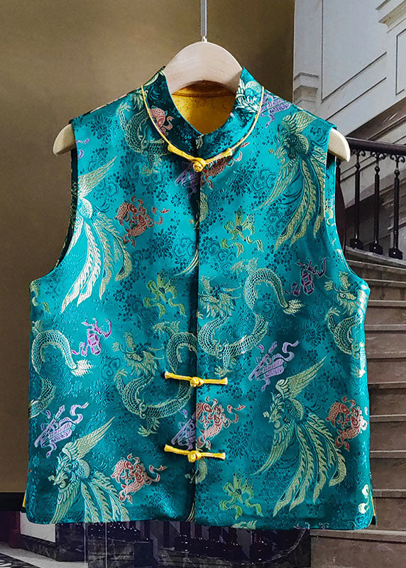 Chinese Style Peacock Blue Stand Collar Patchwork Jacquard Silk Vest Sleeveless