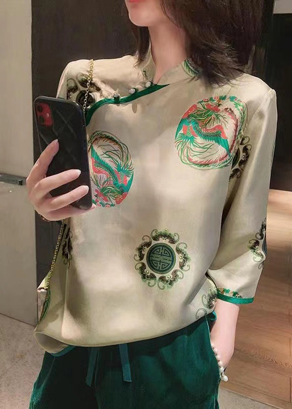 Chinese Style Photo Color Stand Collar Print Chiffon Shirt Tops Spring