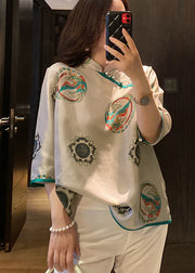 Chinese Style Photo Color Stand Collar Print Chiffon Shirt Tops Spring