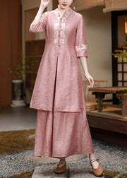 Chinese Style Pink Button Side Open Patchwork Silk Two Pieces Set Summer