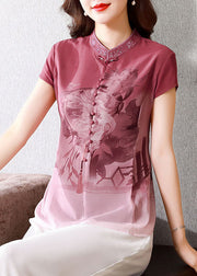 Chinese Style Pink Embroidered Button Patchwork Silk Shirt Tops Summer