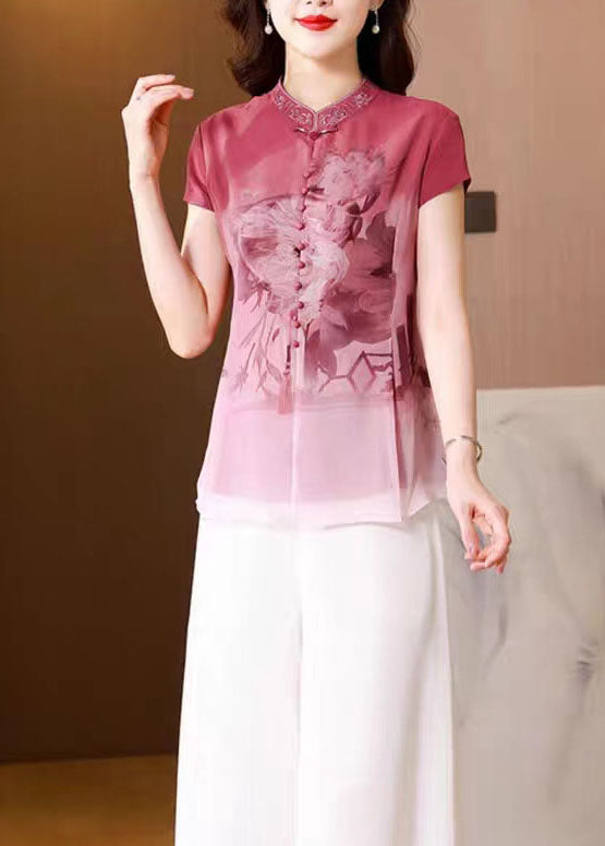 Chinese Style Pink Embroidered Button Patchwork Silk Shirt Tops Summer