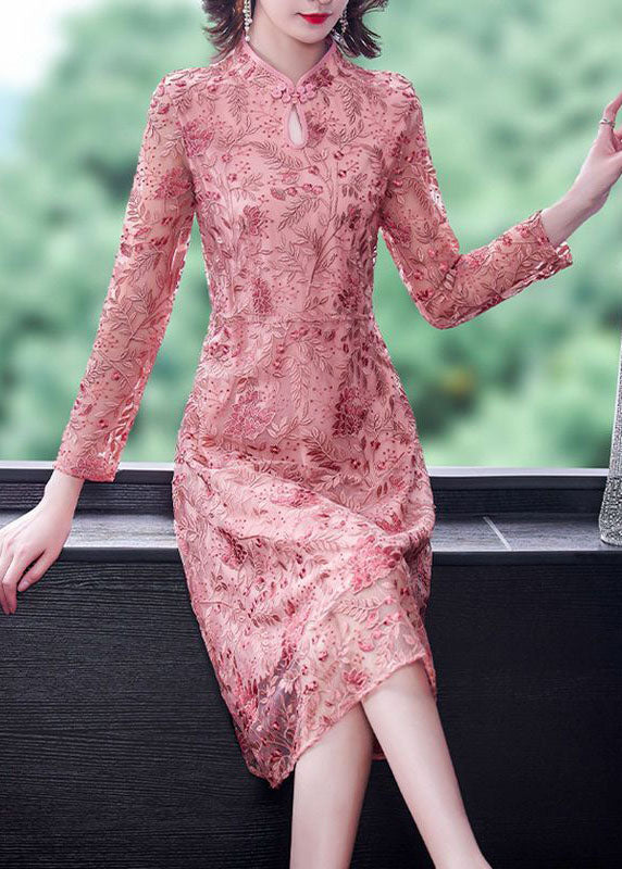 Chinese Style Pink Embroidered Lace Slim Fit Dresses Spring