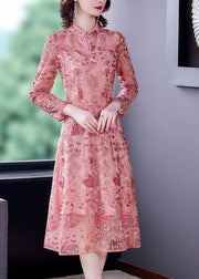 Chinese Style Pink Embroidered Lace Slim Fit Dresses Spring