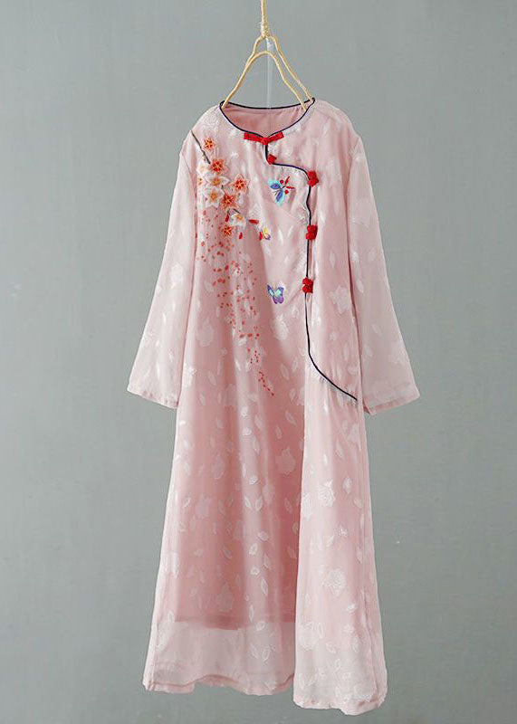 Chinese Style Pink Embroidered Patchwork Chiffon Dress Spring