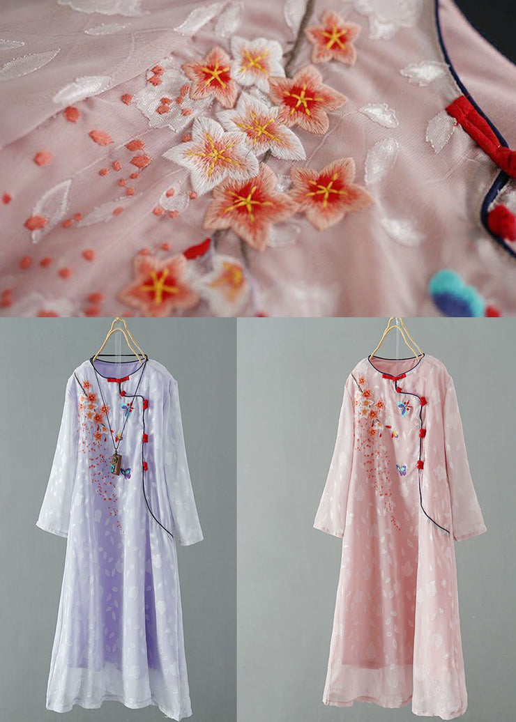 Chinese Style Pink Embroidered Patchwork Chiffon Dress Spring