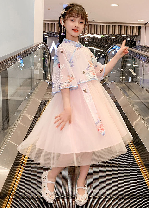 Chinese Style Pink Embroidered Patchwork Chiffon Kids Girls Dress Summer