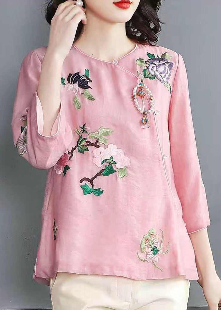 Chinese Style Pink Embroidered Patchwork Chiffon Tops Spring