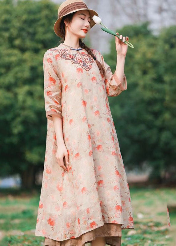 Chinese Style Pink Embroidered Patchwork Linen Long Dress Summer