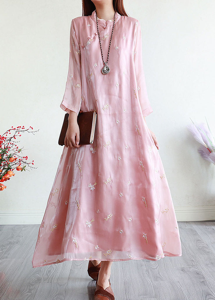Chinese Style Pink Embroidered Patchwork Silk Dresses Summer