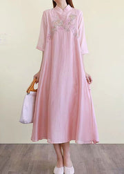 Chinese Style Pink Embroidered Side Open Cotton Dresses Summer
