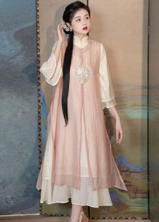 Chinese Style Pink Embroidered Side Open Patchwork Chiffon Two Piece Set Summer