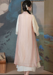 Chinese Style Pink Embroidered Side Open Patchwork Chiffon Two Piece Set Summer