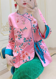 Chinese Style Pink Embroidered Tie Waist Silk Shirt Tops Spring