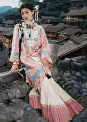 Chinese Style Pink Embroidered Wrinkled Cotton Two Pieces Set Fall