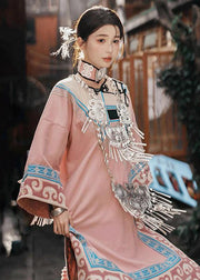 Chinese Style Pink Embroidered Wrinkled Cotton Two Pieces Set Fall