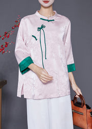 Chinese Style Pink Jacquard Patchwork Bow Silk Shirt Tops Bracelet Sleeve